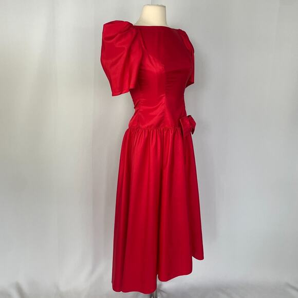 Vintage Formal Dress Size 8 Red Puff Sleeve A Line Bow Prom Romantic 80s 90s - Picture 5 of 16